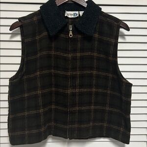 Plaid Zip-Front Vest with Sherpa Collar - Brown/Black